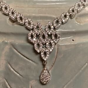 Silver Tone and Crystal Ornate Necklace V Shape w/ Crystal Teardrop Adjustable